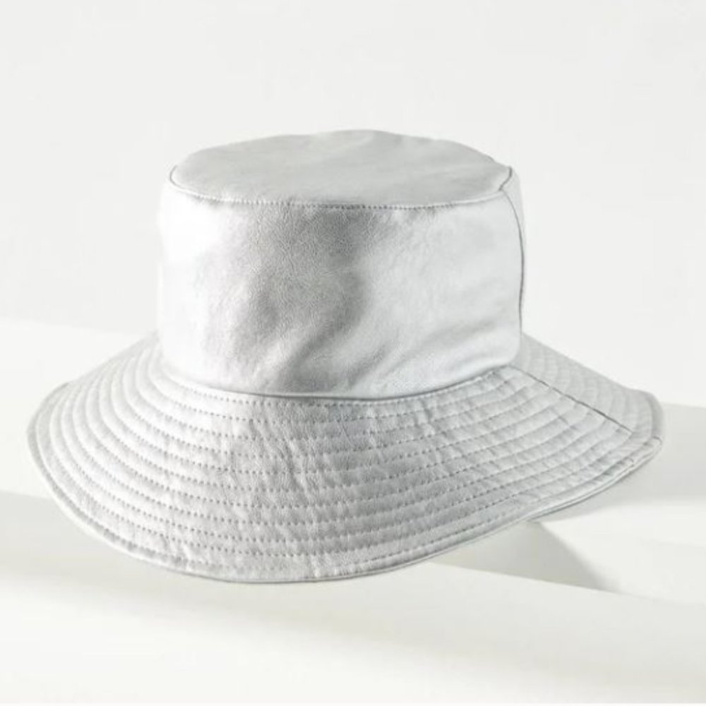 By Anthropologie Faux Leather Bucket Hat in Silver - NWT